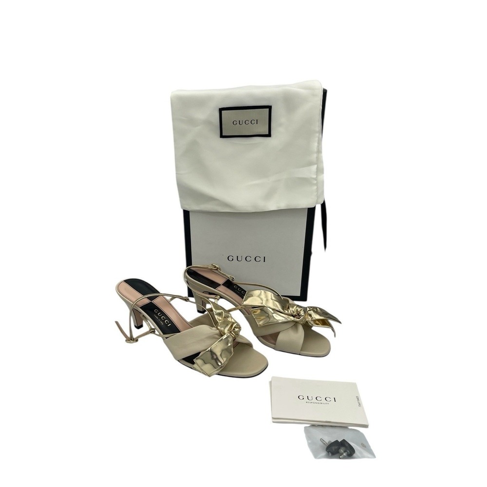 Gucci Gold & Vintage White Daphne Leather Bow Slingback Sandals Size 37 US 7